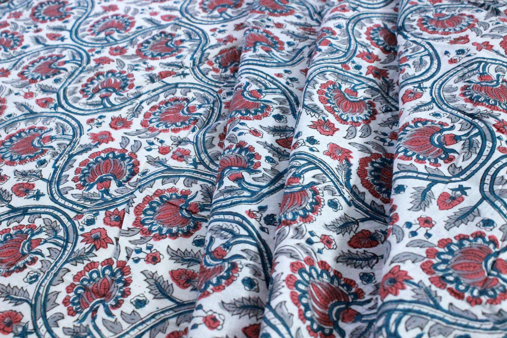 Hand Block Print Cotton Fabric: Red & Blue Floral Indian Fabric