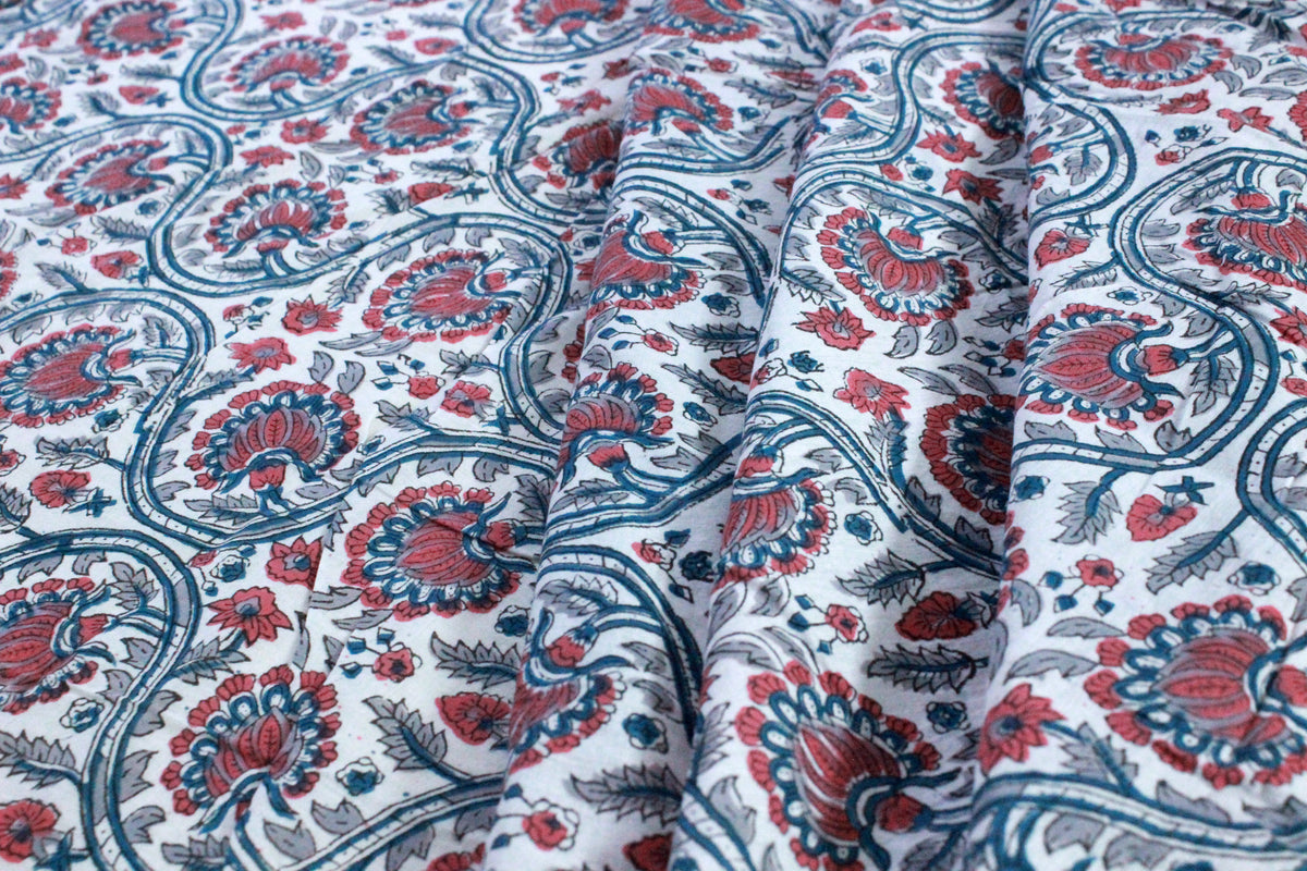 Hand Block Print Cotton Fabric: Red & Blue Floral Indian Fabric