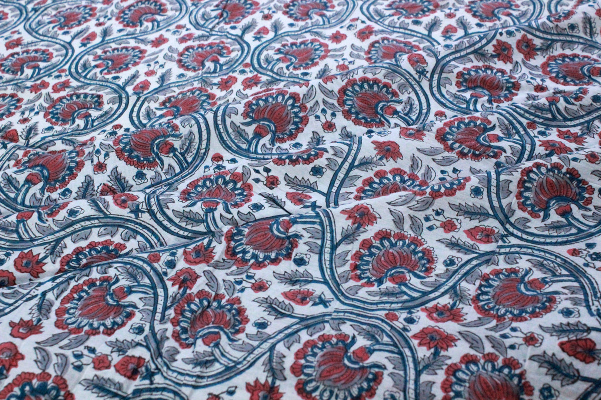Hand Block Print Cotton Fabric: Red & Blue Floral Indian Fabric