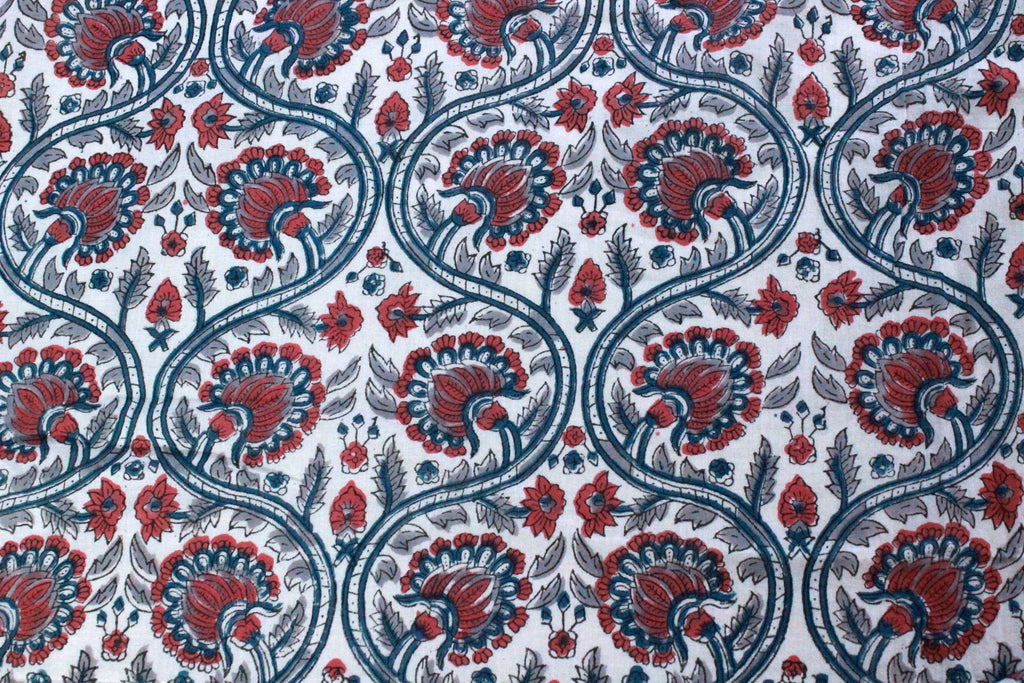 Hand Block Print Cotton Fabric: Red & Blue Floral Indian Fabric