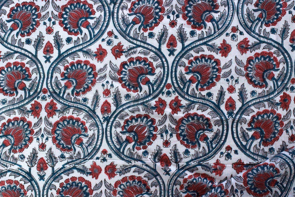 Hand Block Print Cotton Fabric: Red & Blue Floral Indian Fabric