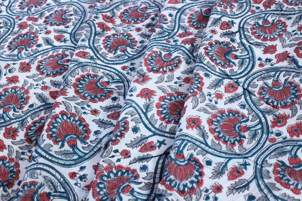 Hand Block Print Cotton Fabric: Red & Blue Floral Indian Fabric