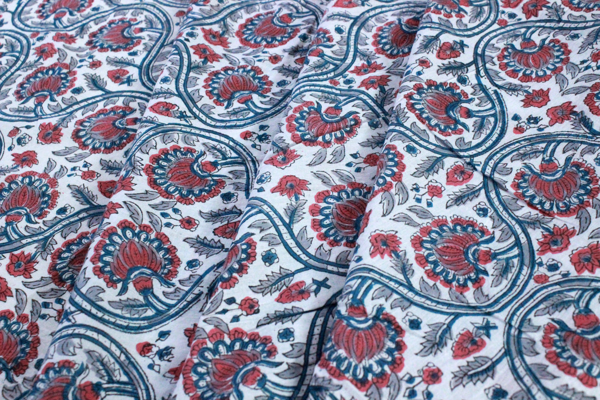 Hand Block Print Cotton Fabric: Red & Blue Floral Indian Fabric