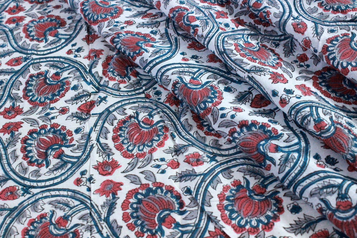 Hand Block Print Cotton Fabric: Red & Blue Floral Indian Fabric