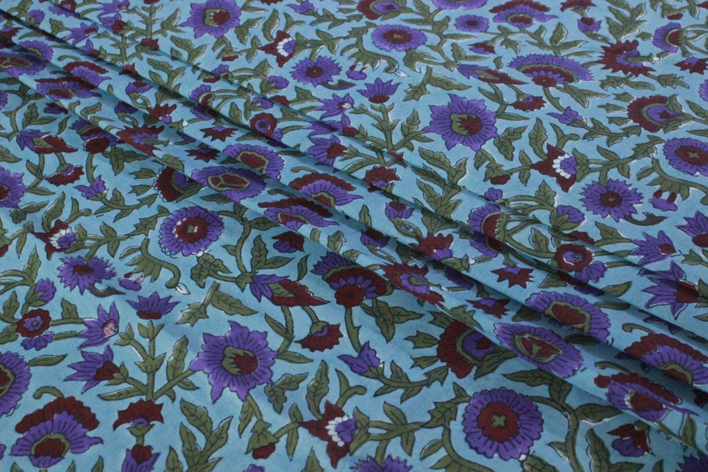 Floral Block Print Cotton Fabric: Blue, Purple, Red Indian Fabric By The Yard