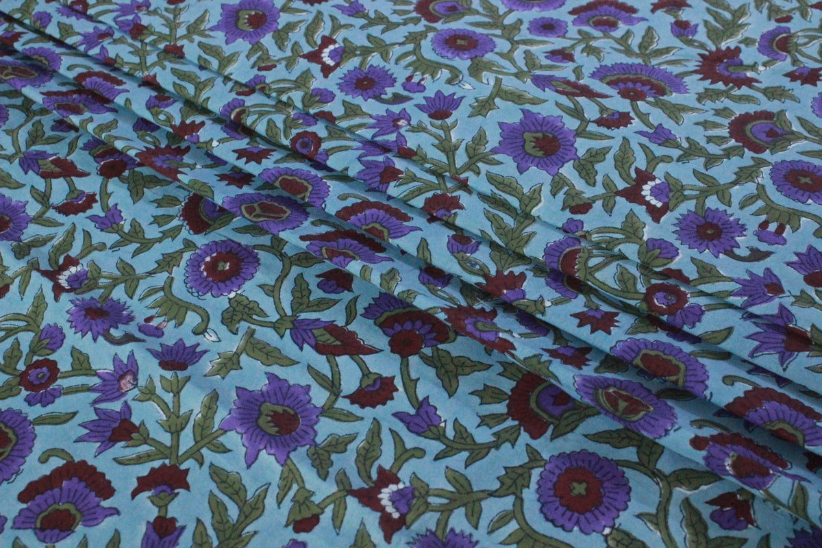 Floral Block Print Cotton Fabric: Blue, Purple, Red Indian Fabric By The Yard
