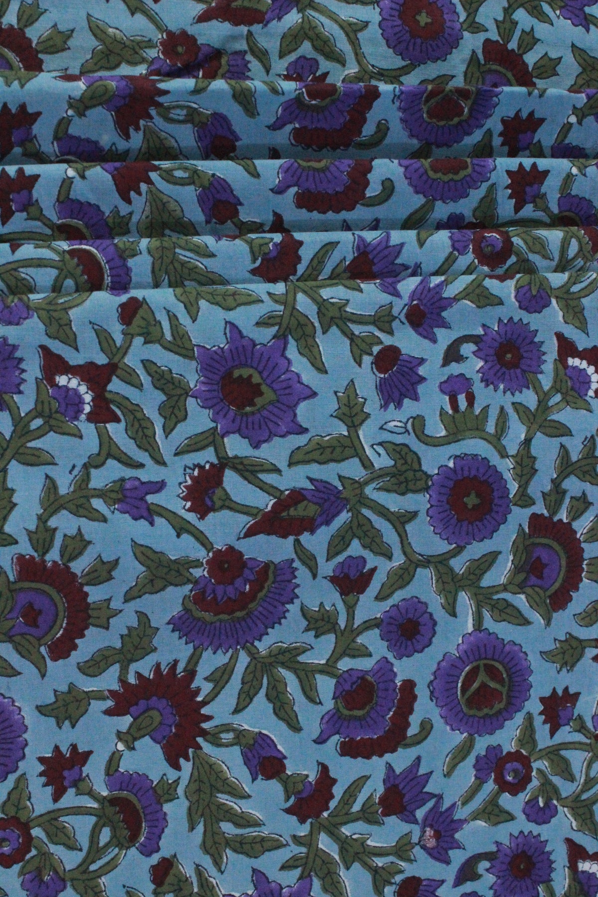 Floral Block Print Cotton Fabric: Blue, Purple, Red Indian Fabric By The Yard