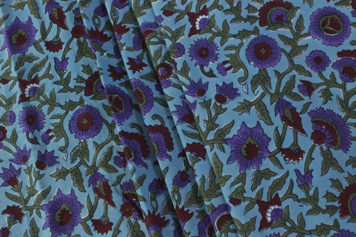 Floral Block Print Cotton Fabric: Blue, Purple, Red Indian Fabric By The Yard