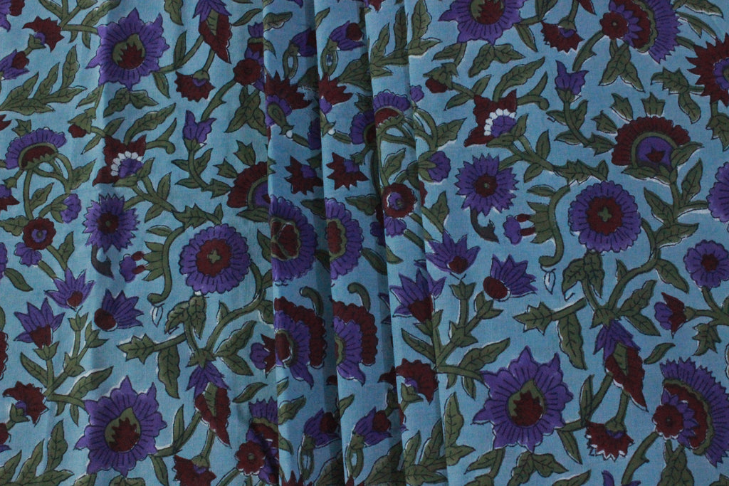 Floral Block Print Cotton Fabric: Blue, Purple, Red Indian Fabric By The Yard