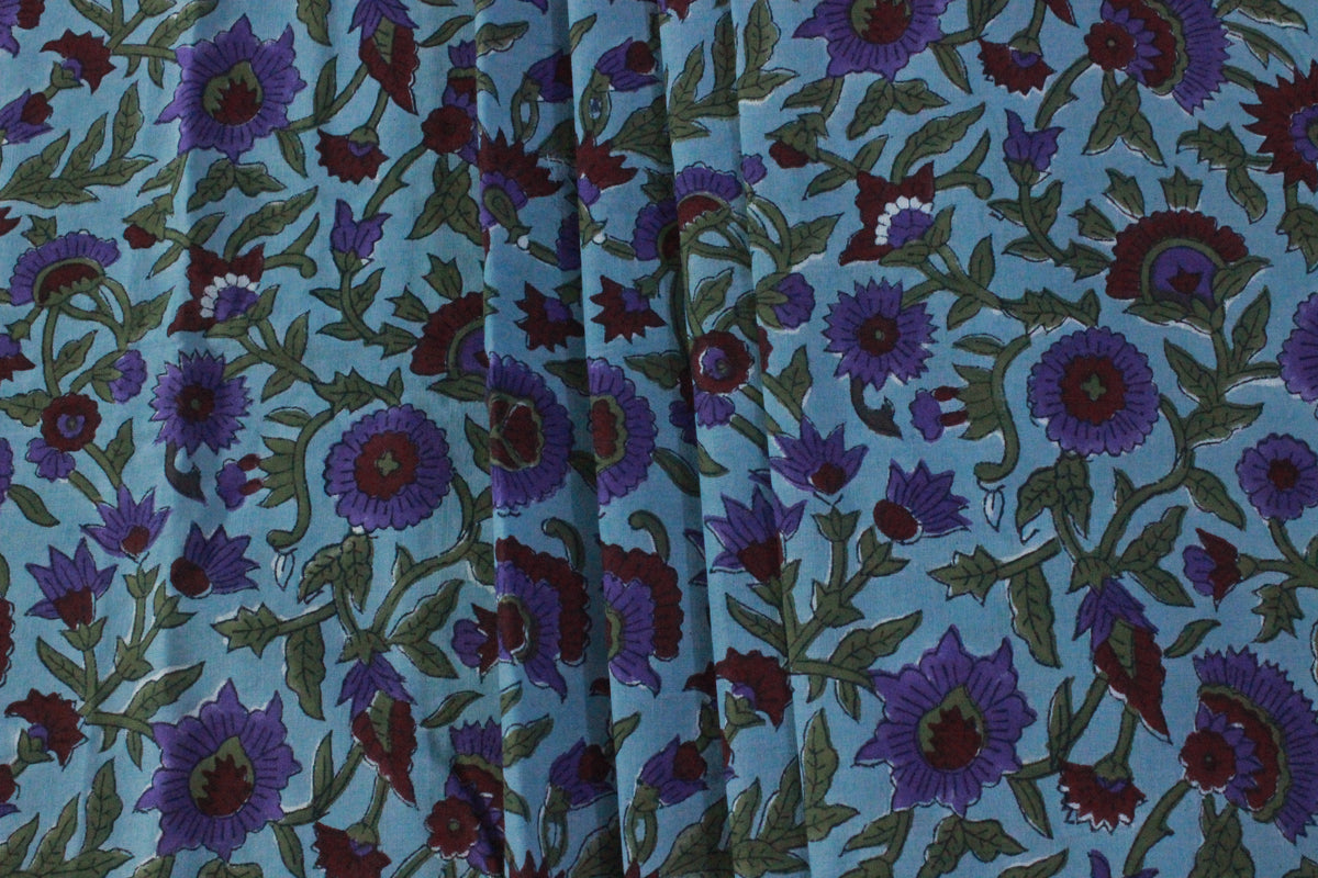 Floral Block Print Cotton Fabric: Blue, Purple, Red Indian Fabric By The Yard