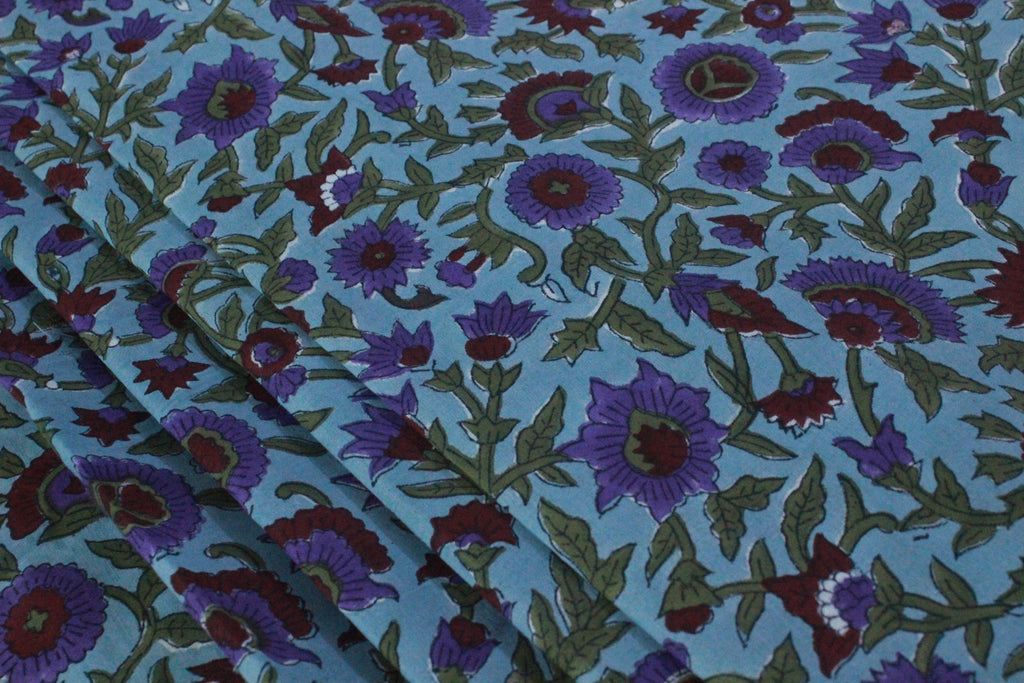 Floral Block Print Cotton Fabric: Blue, Purple, Red Indian Fabric By The Yard