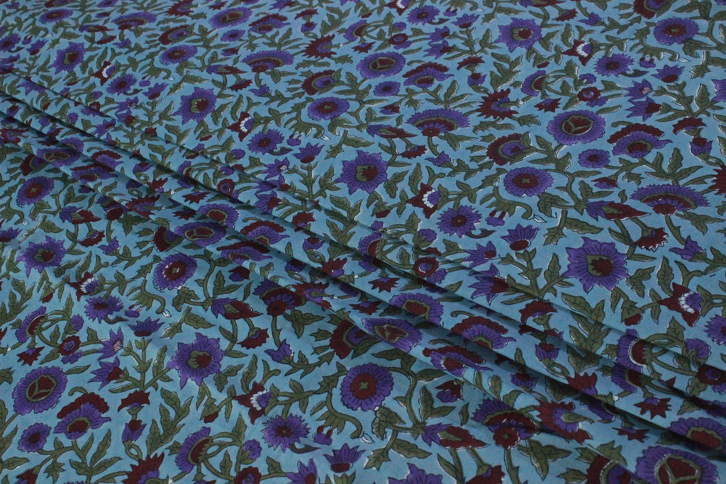 Floral Block Print Cotton Fabric: Blue, Purple, Red Indian Fabric By The Yard