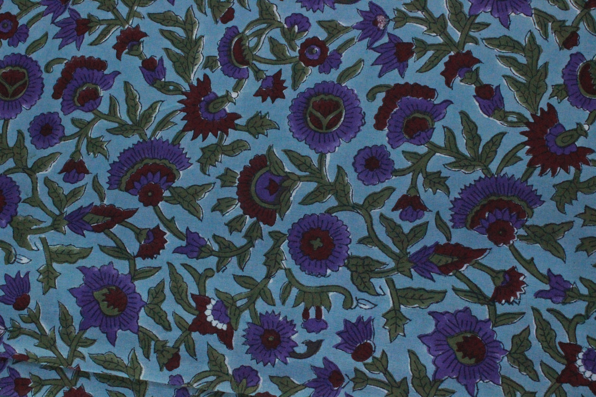 Floral Block Print Cotton Fabric: Blue, Purple, Red Indian Fabric By The Yard