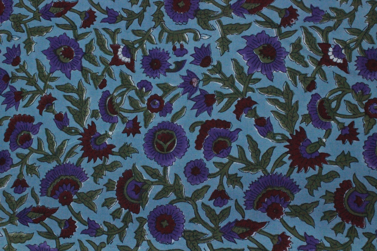 Floral Block Print Cotton Fabric: Blue, Purple, Red Indian Fabric By The Yard