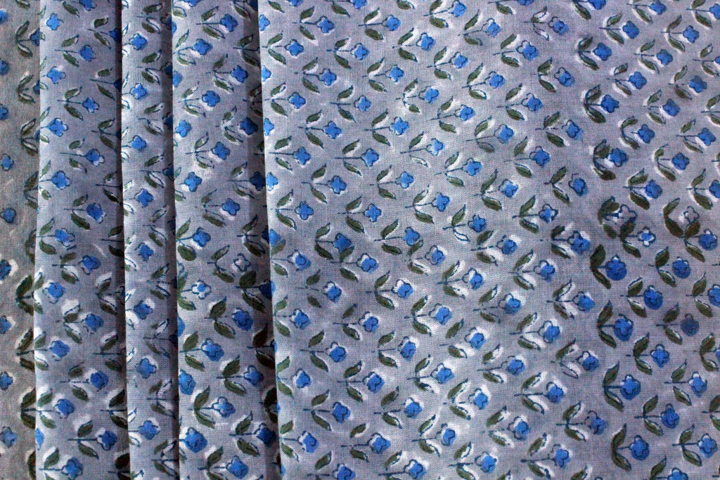 Blue Floral Hand Block Print Cotton Fabric - Indian Mughal Design