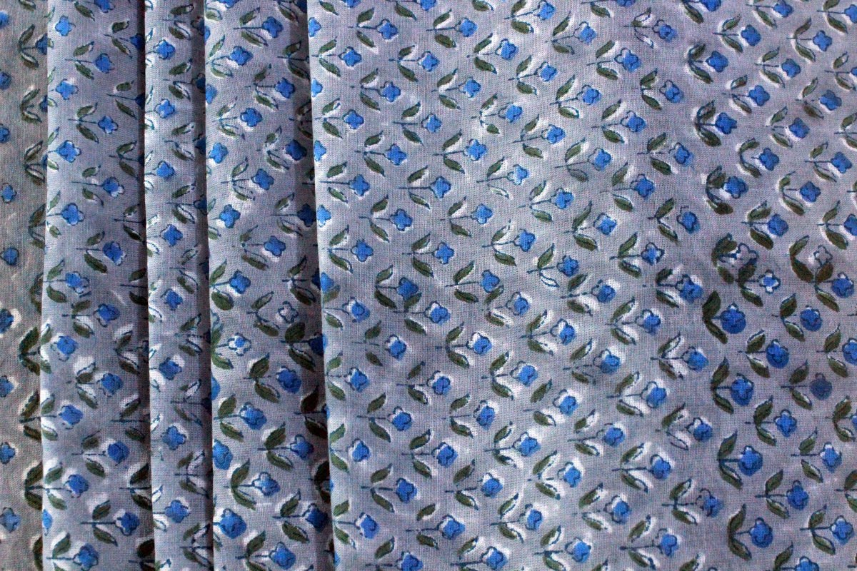 Blue Floral Hand Block Print Cotton Fabric - Indian Mughal Design