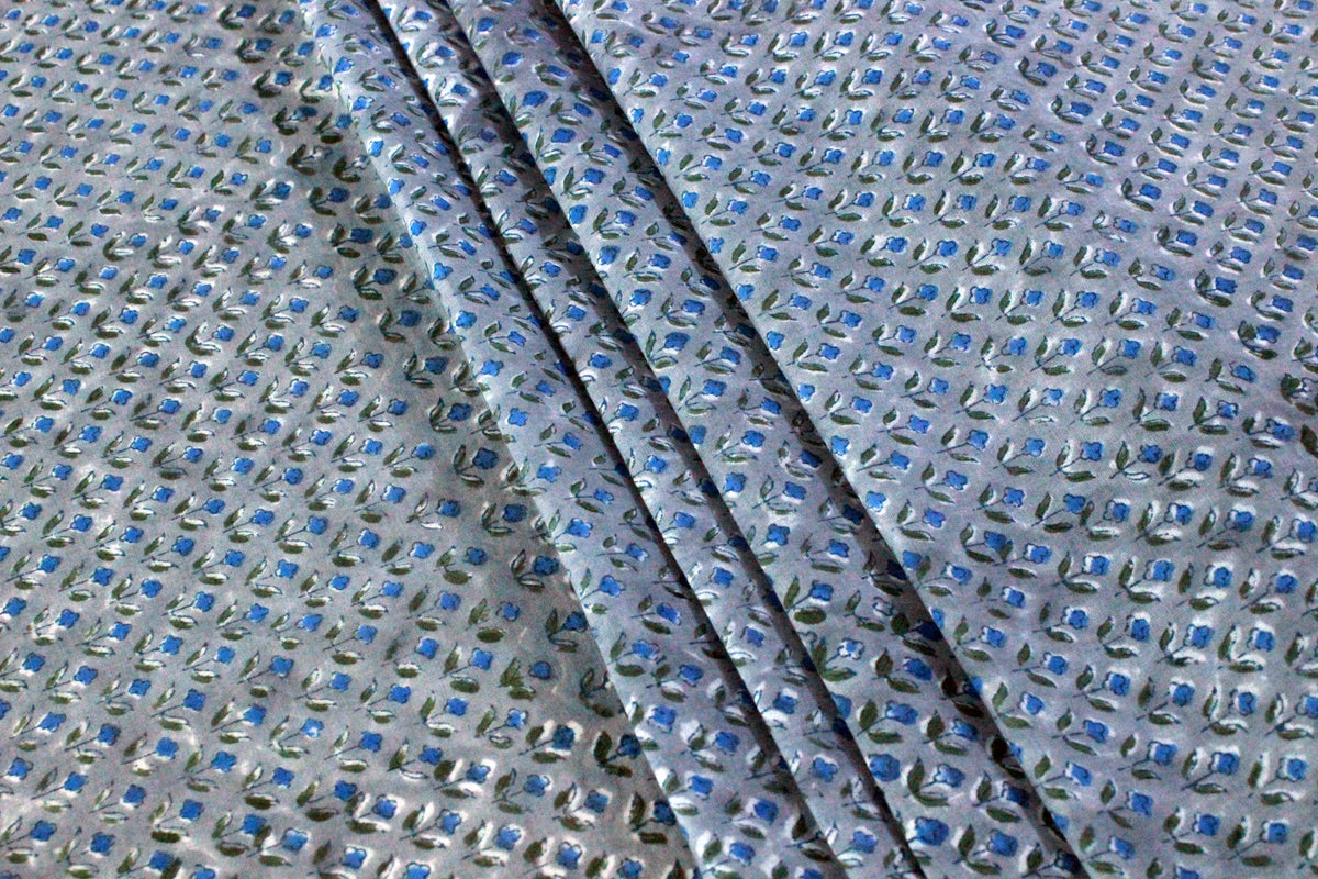 Blue Floral Hand Block Print Cotton Fabric - Indian Mughal Design