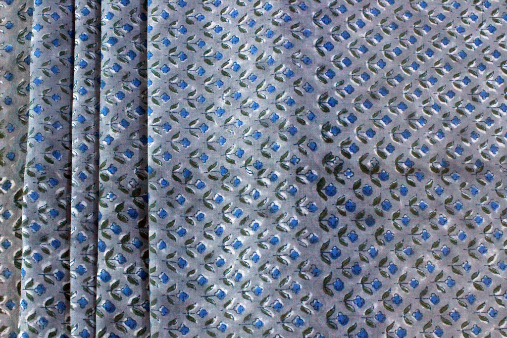 Blue Floral Hand Block Print Cotton Fabric - Indian Mughal Design