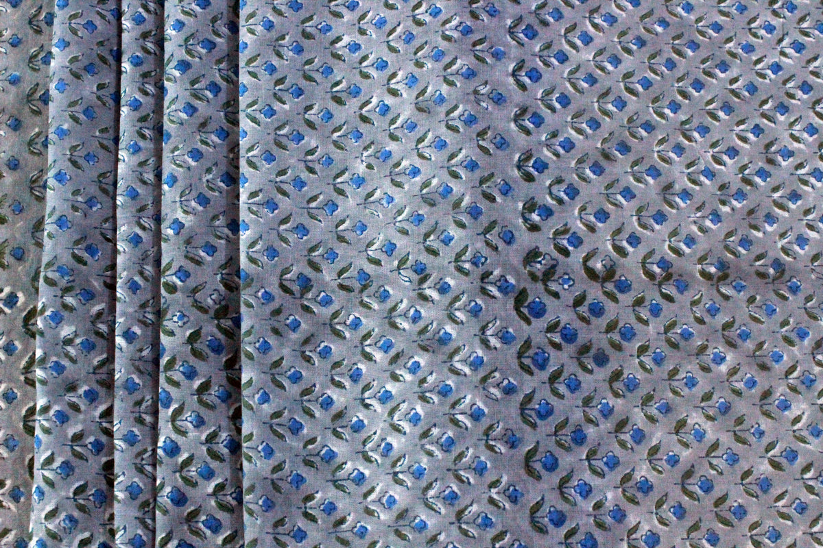 Blue Floral Hand Block Print Cotton Fabric - Indian Mughal Design