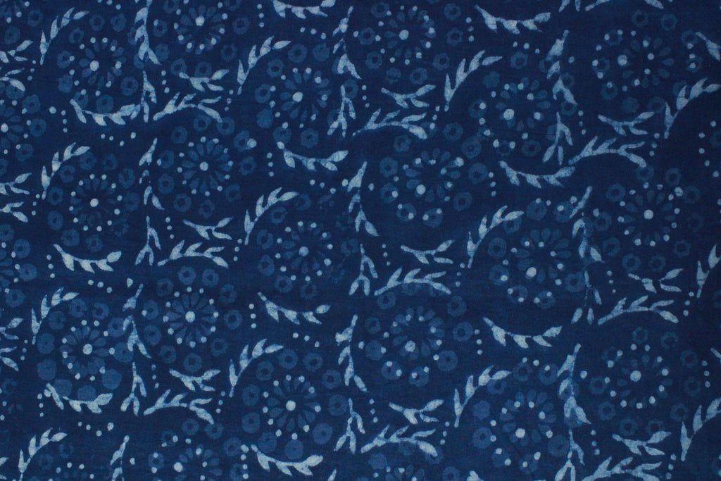 Blue Floral Cotton Fabric: Hand Block Print Indian Fabric by the Yard