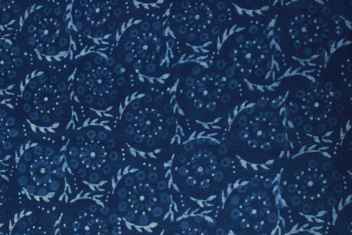 Blue Floral Cotton Fabric: Hand Block Print Indian Fabric by the Yard