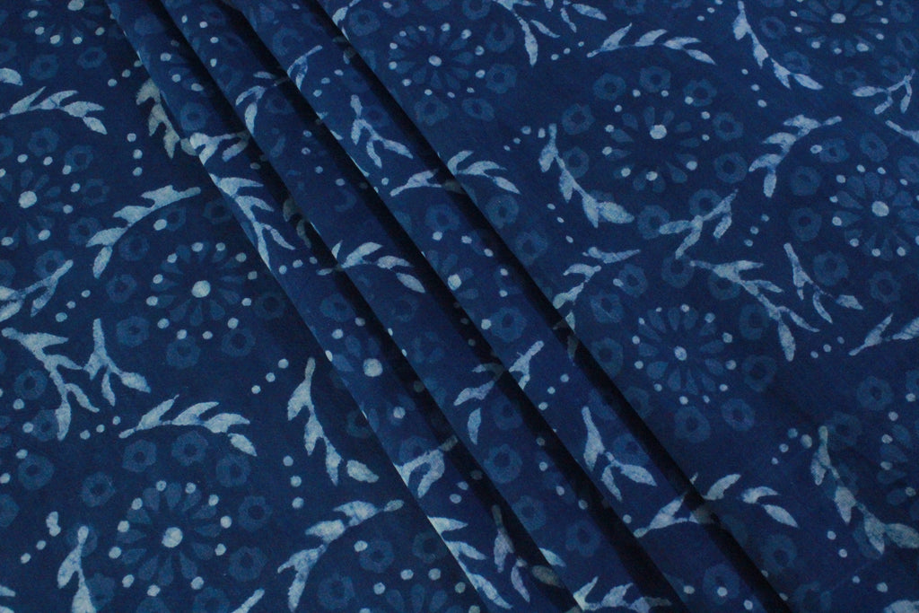 Blue Floral Cotton Fabric: Hand Block Print Indian Fabric by the Yard