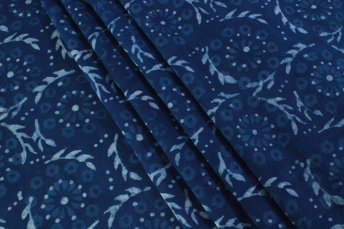 Blue Floral Cotton Fabric: Hand Block Print Indian Fabric by the Yard