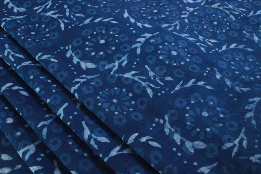 Blue Floral Cotton Fabric: Hand Block Print Indian Fabric by the Yard