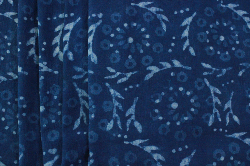Blue Floral Cotton Fabric: Hand Block Print Indian Fabric by the Yard