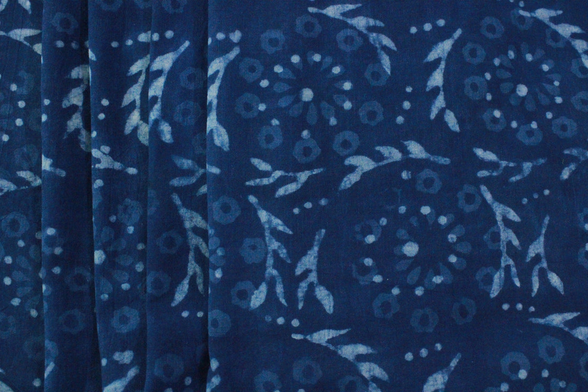 Blue Floral Cotton Fabric: Hand Block Print Indian Fabric by the Yard