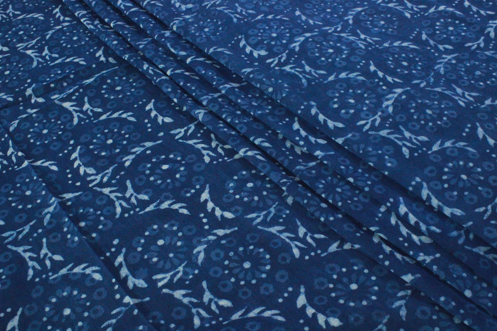 Blue Floral Cotton Fabric: Hand Block Print Indian Fabric by the Yard