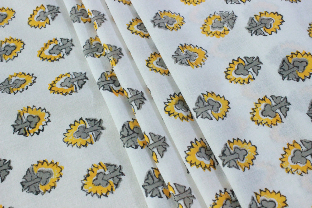 Floral Cotton Fabric: Yellow & Gray Hand Block Print, Indian Mughal Style
