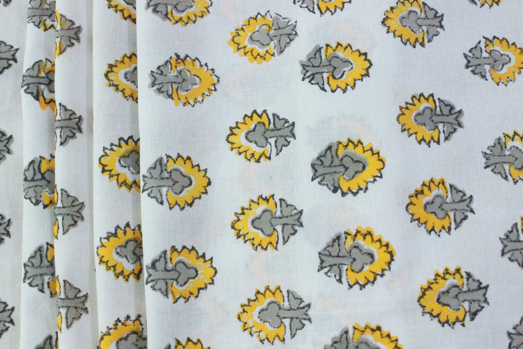 Floral Cotton Fabric: Yellow & Gray Hand Block Print, Indian Mughal Style