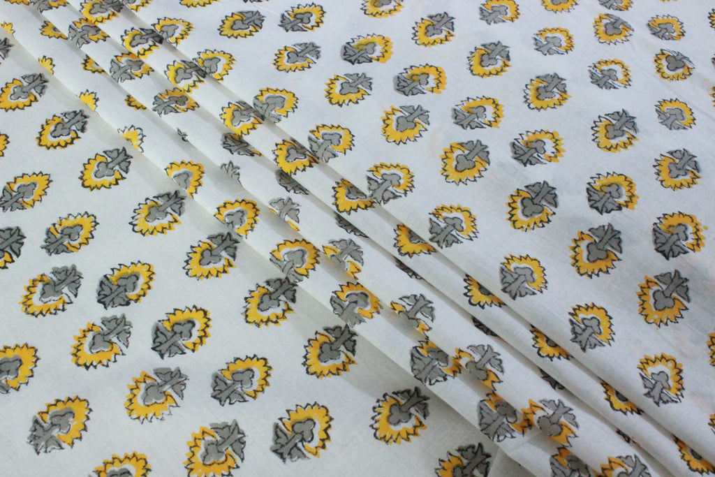 Floral Cotton Fabric: Yellow & Gray Hand Block Print, Indian Mughal Style