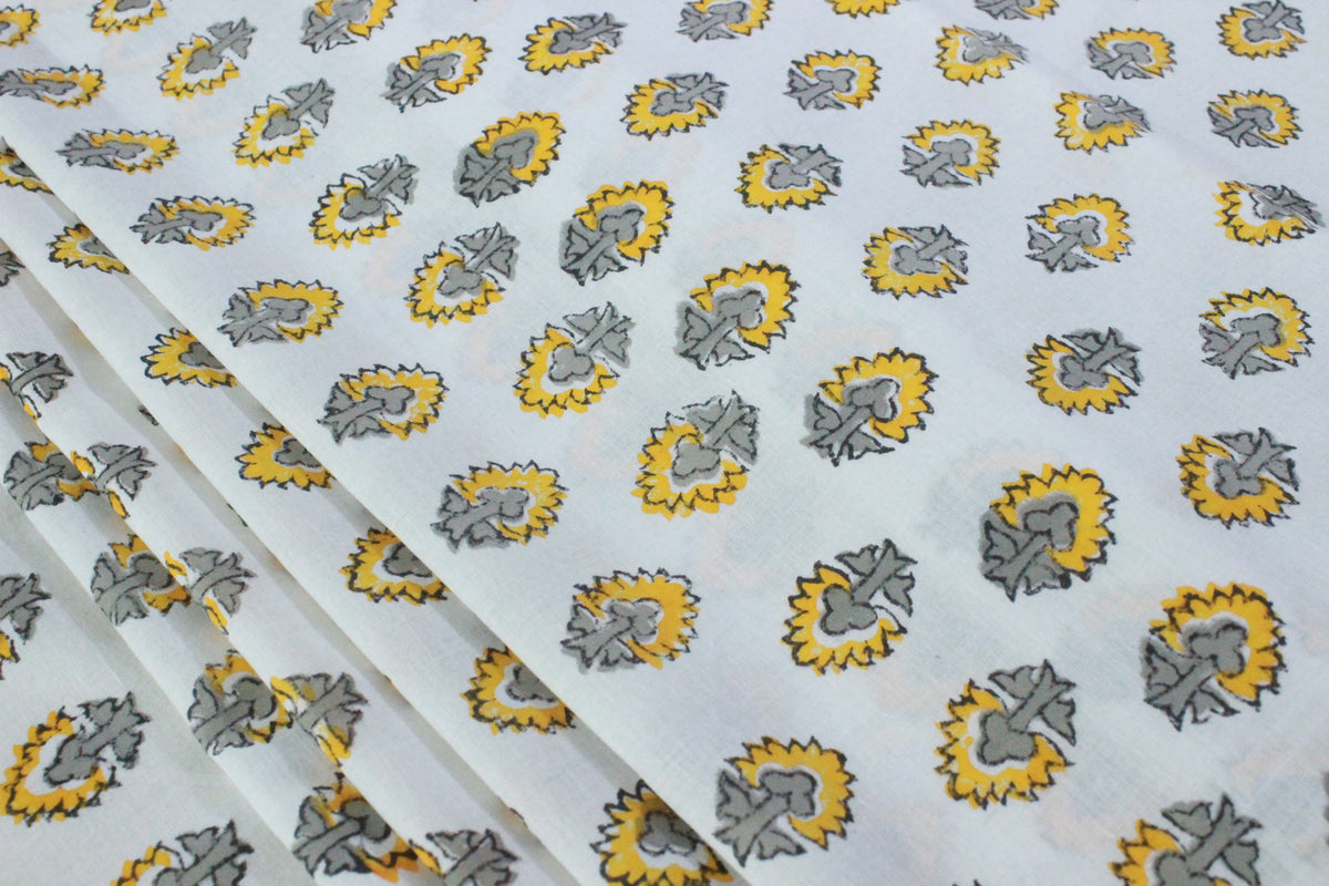 Floral Cotton Fabric: Yellow & Gray Hand Block Print, Indian Mughal Style