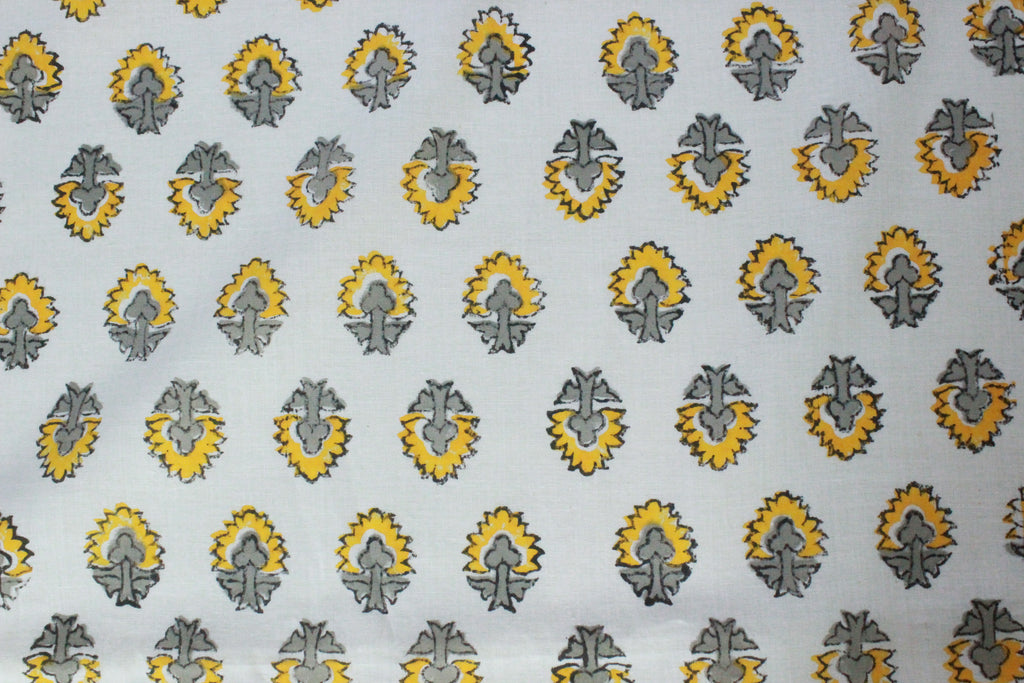 Floral Cotton Fabric: Yellow & Gray Hand Block Print, Indian Mughal Style