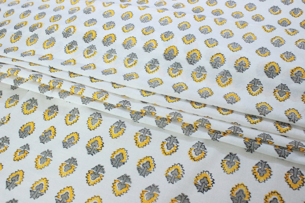 Floral Cotton Fabric: Yellow & Gray Hand Block Print, Indian Mughal Style