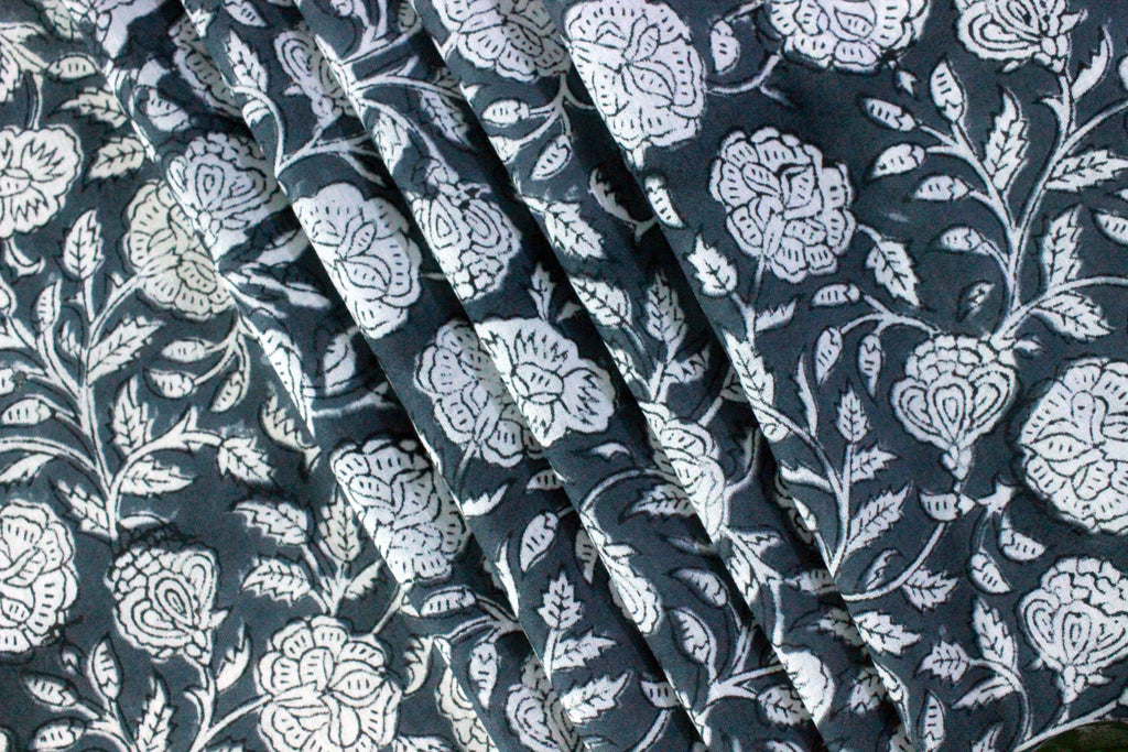 Hand Block Print Cotton Fabric: Grey & White Floral Indian Fabric