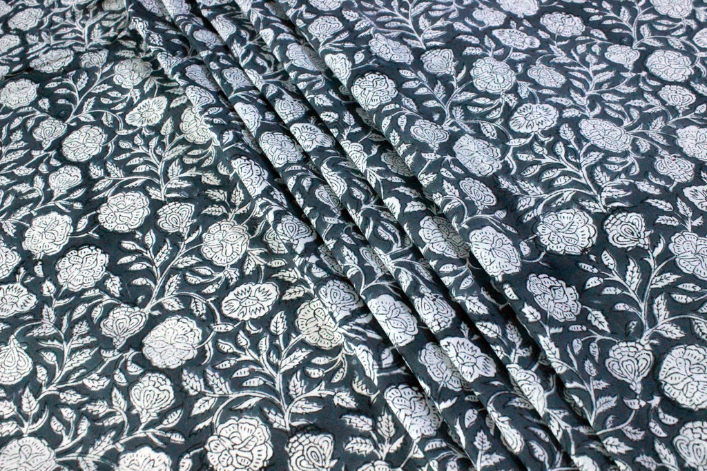 Hand Block Print Cotton Fabric: Grey & White Floral Indian Fabric
