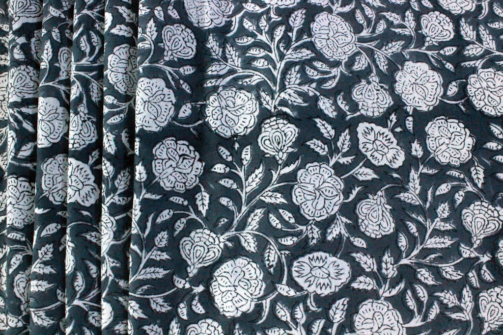 Hand Block Print Cotton Fabric: Grey & White Floral Indian Fabric
