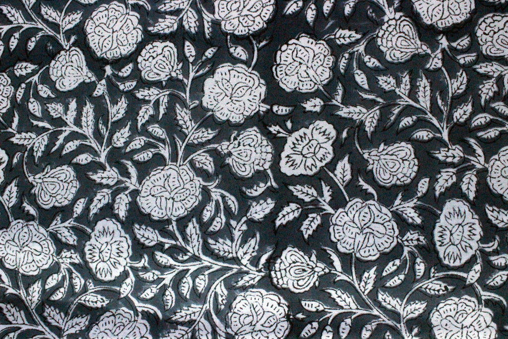 Hand Block Print Cotton Fabric: Grey & White Floral Indian Fabric