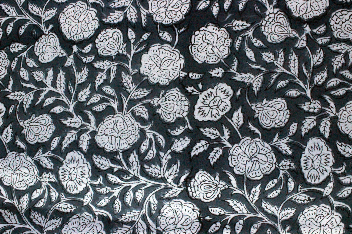 Hand Block Print Cotton Fabric: Grey & White Floral Indian Fabric