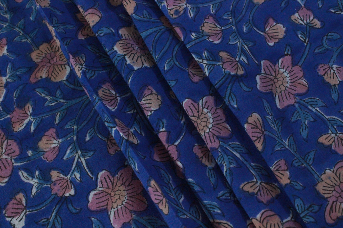 Blue Floral Cotton Fabric: Hand Block Print Indian Fabric by the Yard