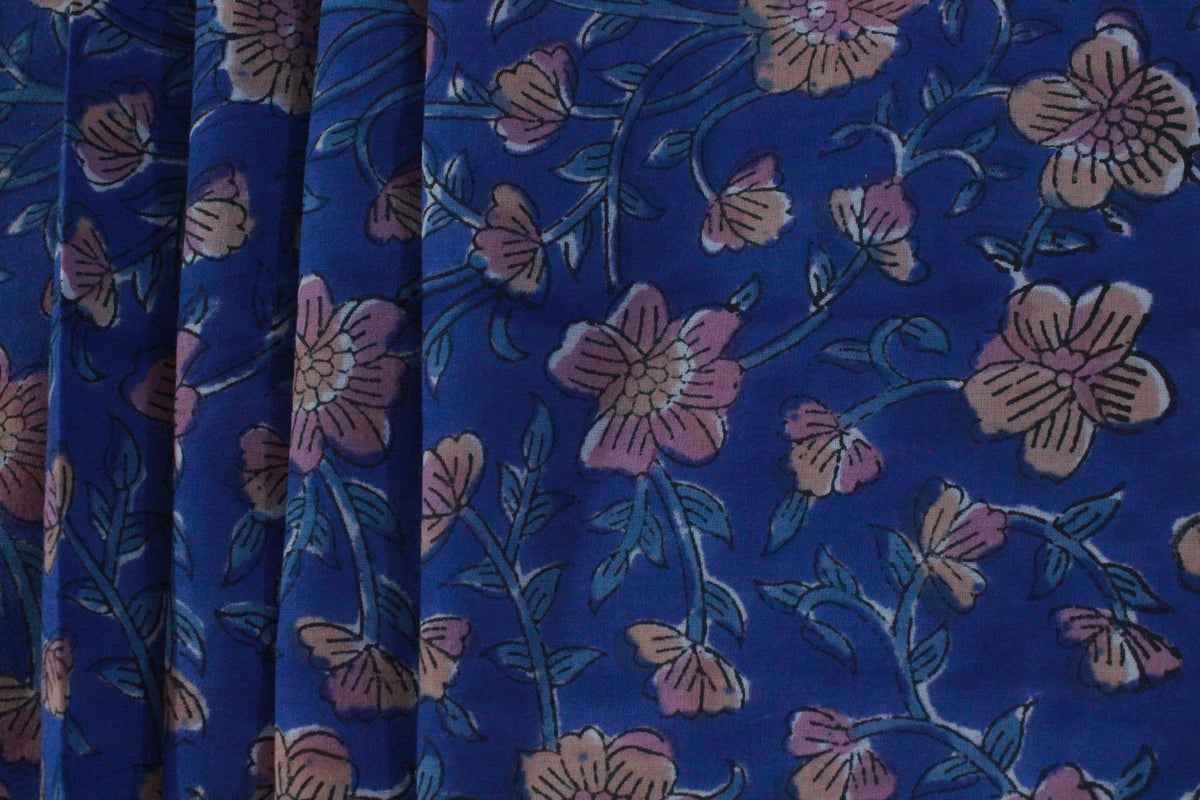 Blue Floral Cotton Fabric: Hand Block Print Indian Fabric by the Yard