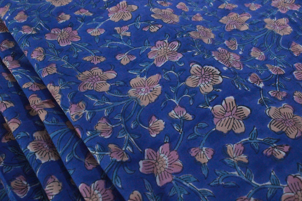 Blue Floral Cotton Fabric: Hand Block Print Indian Fabric by the Yard