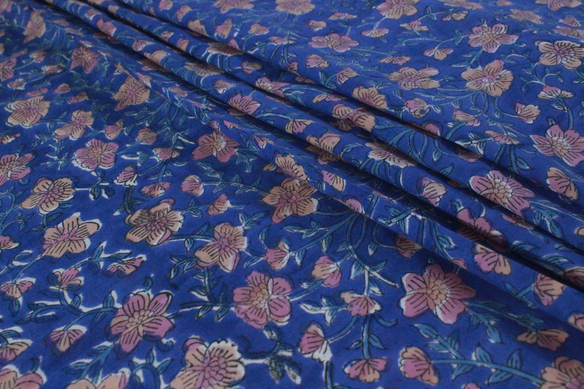 Blue Floral Cotton Fabric: Hand Block Print Indian Fabric by the Yard