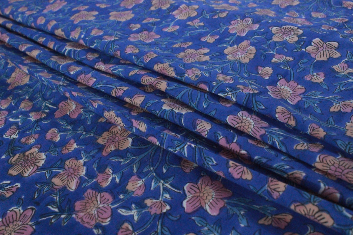 Blue Floral Cotton Fabric: Hand Block Print Indian Fabric by the Yard
