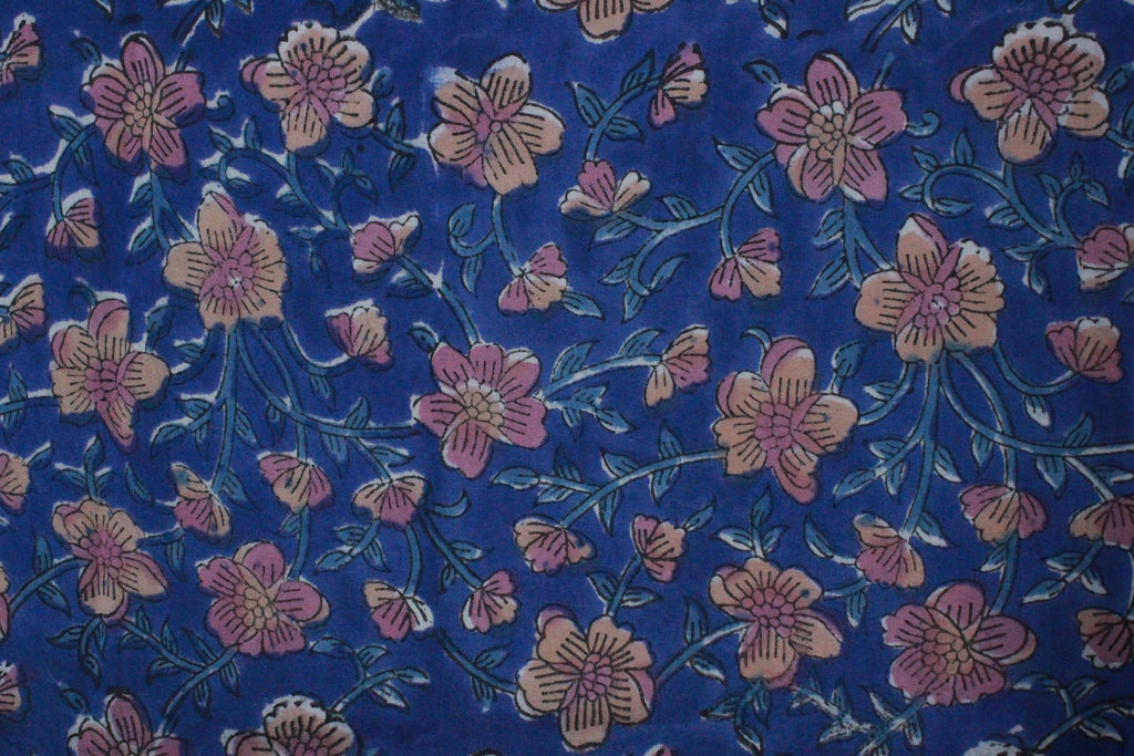 Blue Floral Cotton Fabric: Hand Block Print Indian Fabric by the Yard
