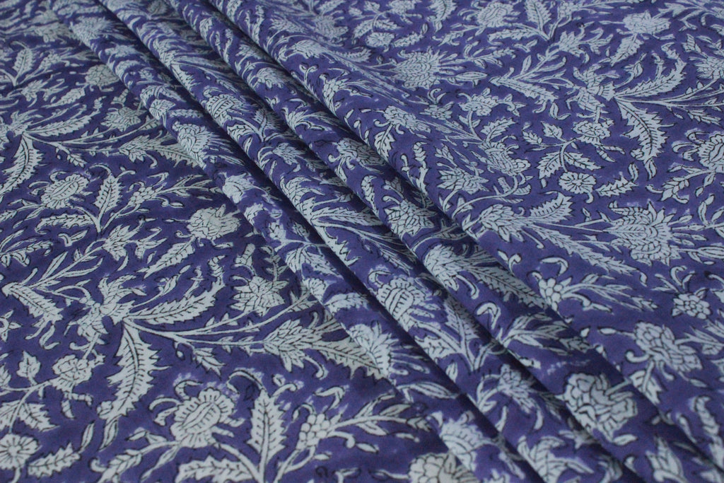 Purple Floral Cotton Fabric: Hand Block Print Indian Fabric by the Yard