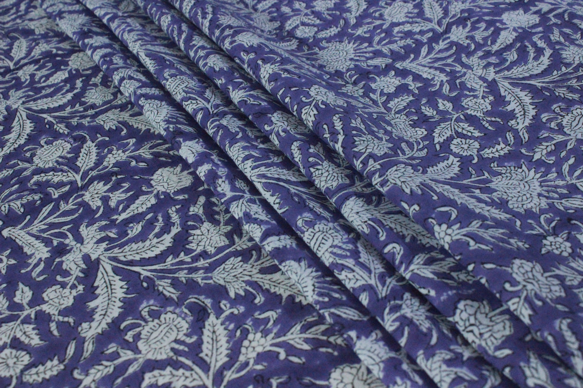 Purple Floral Cotton Fabric: Hand Block Print Indian Fabric by the Yard